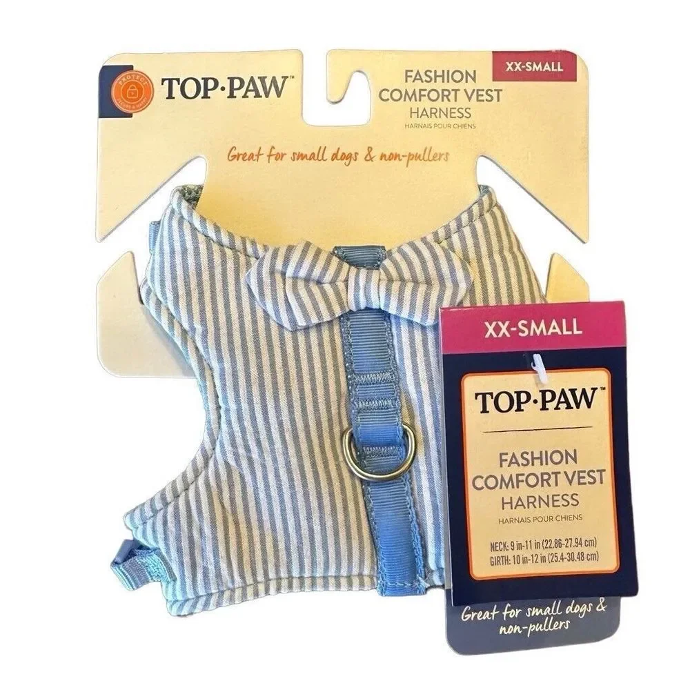 Top Paw Baby Blue‎ White Stripe Soft Comfort Vest Bow Tie Dog Harness Size XXS